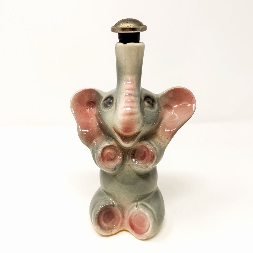 Vintage Laundry Sprinkler Bottle Leeds Gray & Pink Elephant With Metal Top